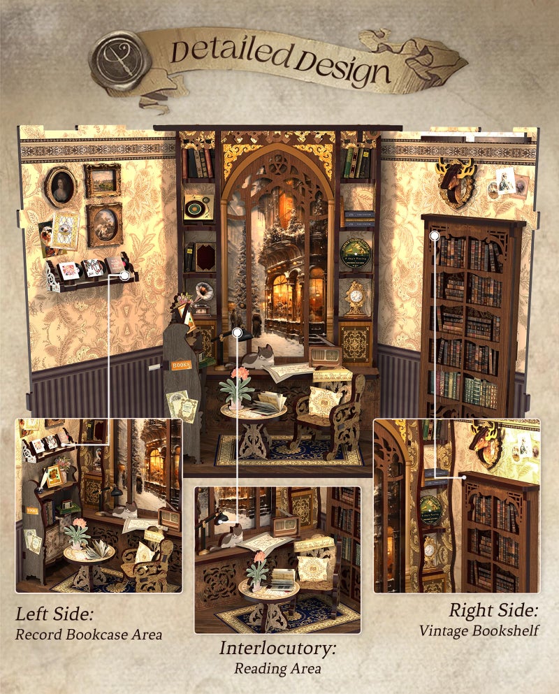 مجموعة Cutefun Book Nook Kit - مجموعة مصغرة لبيت الدمى من أجل رف الكتب وحرف الديكور للبالغين ثلاثية الأبعاد خشبية لغز الكتب عيد الميلاد للعائلة والأصدقاء (ذكريات مكتبة) - Image 4
